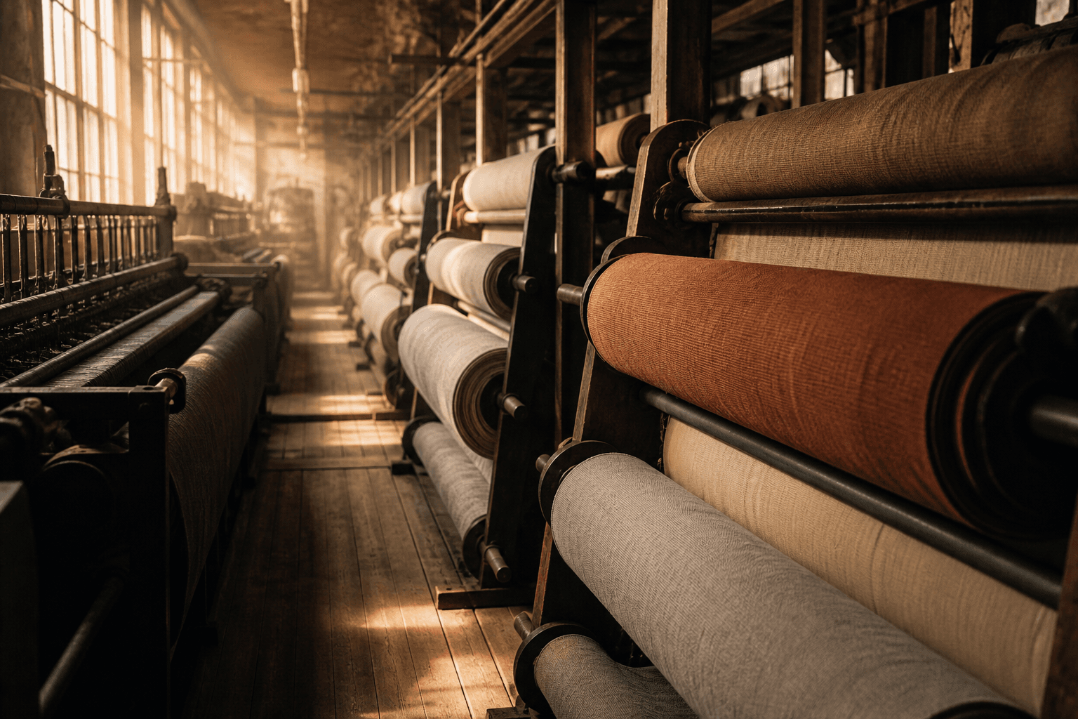 Textile mill interior with woven fabric